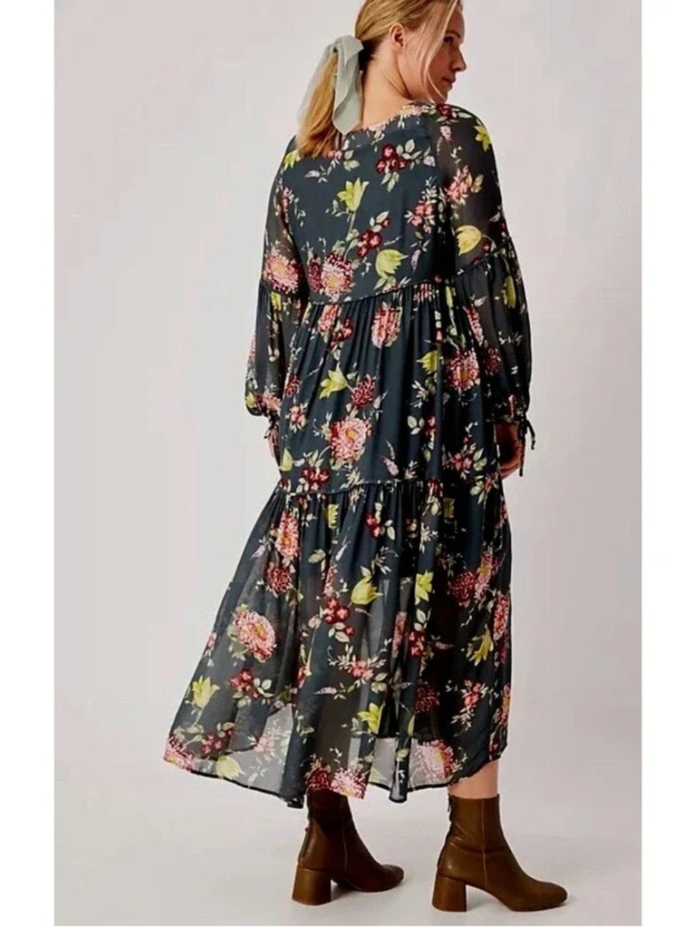 Anthropologie Size 2X Dark Gray Evelin‎ Green Floral Boho Tiered Maxi Dress - Picture 9 of 13